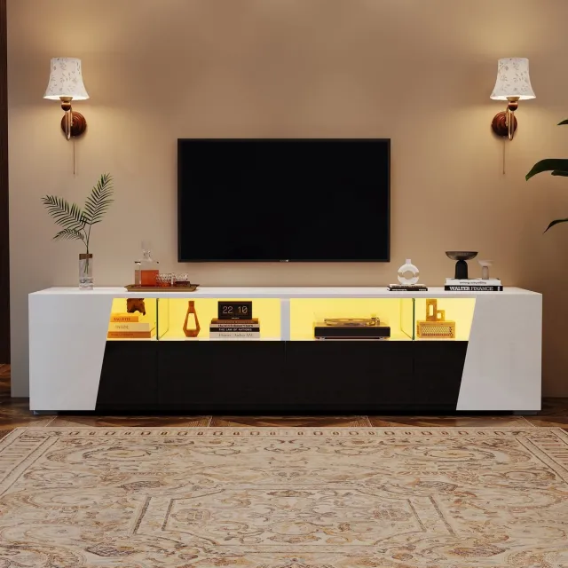 Sweiko TV-kast - Hoogglans - LED-verlichting - 2 lades - Opbergplanken - Wit + Zwart