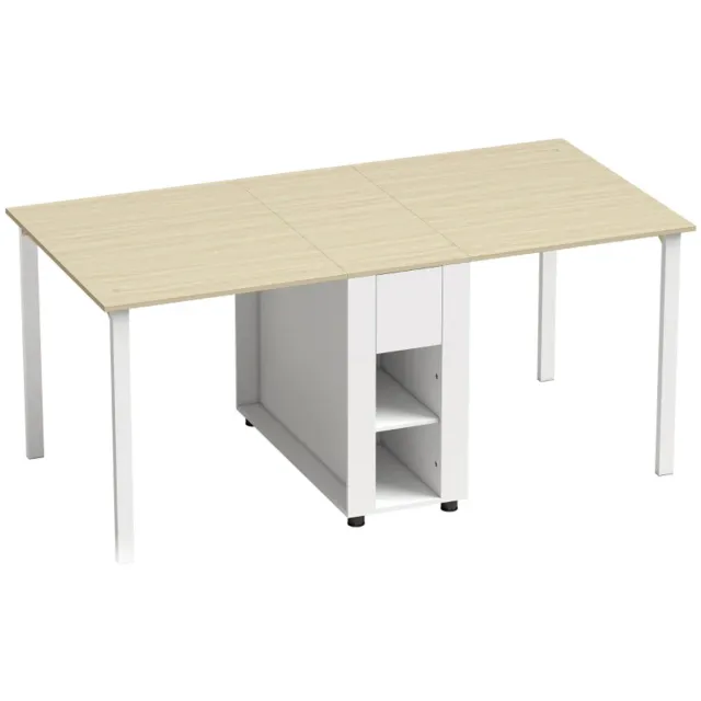 ZYLARO Eettafel - Klaptafel Voor 6 Personen - Uitschuifbaar Tot 168 cm - Met 2 Laden En 4 Opbergvakken wit + natuurlijk hout