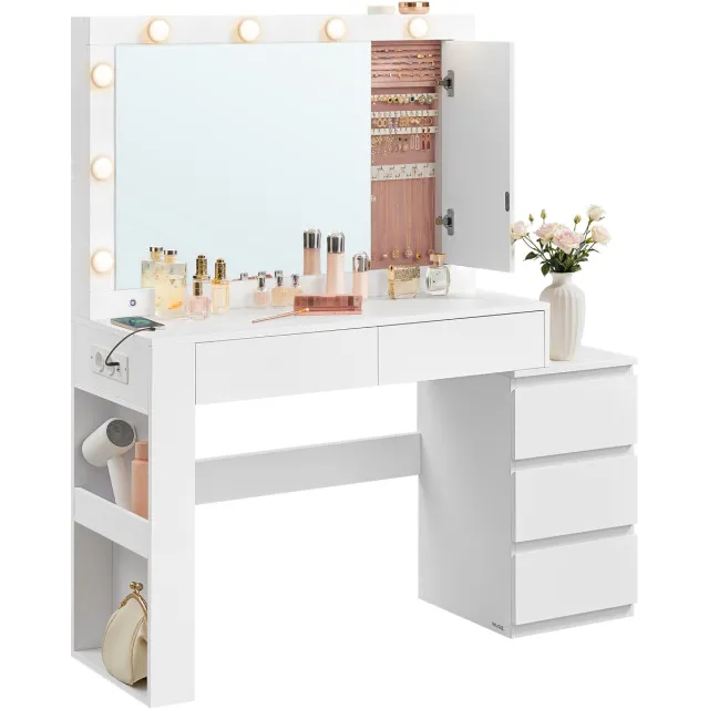 Vasagle Kaptafel - Kaptafel met LED-Verlichting en Spiegel - Sieradenkastje - Met Laden Wolkenwit