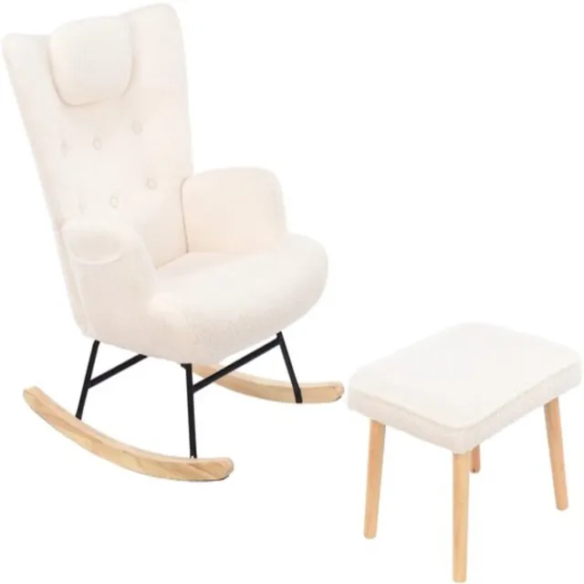 Golaro Schommelstoel - Fauteuil - Relaxfauteuil - Boucleme - Stoel Met Voetenbankje - Relax Stoel - Armleuning - Teddystof - Wit