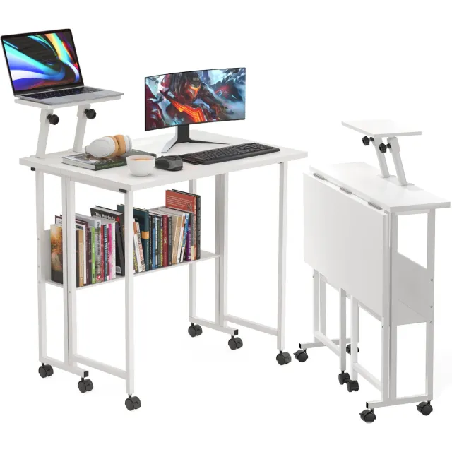 PIPIPOXER Opklapbaar bureau, computerbureau op wielen met opbergvak, opklapbare tafels voor thuiskantoor, slaapkamer, woonkamer, 58x80x75cm, Wit
