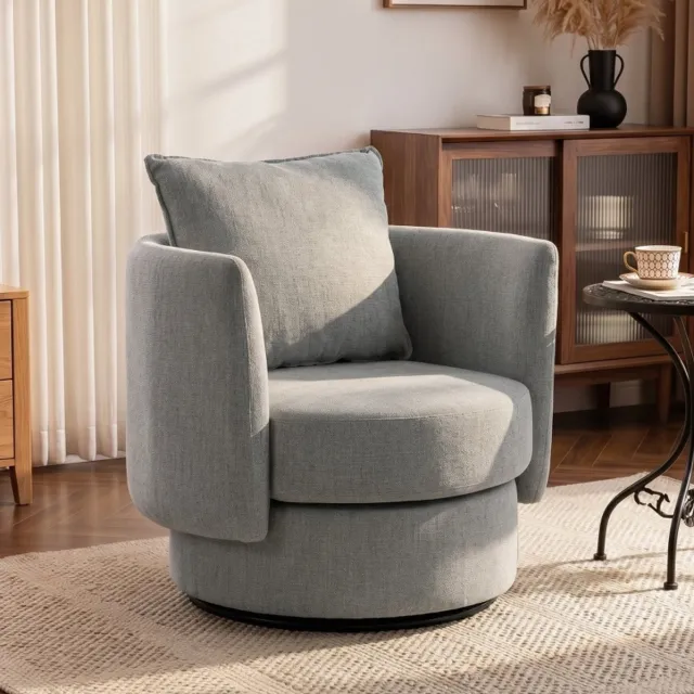 REDOM Fauteuil - 360° draaibaar - Dubbele vering en schuimvulling - Met armleuningen en kussen - Polyester stof - Lichtgrijs - 85 x 79 x 84 cm