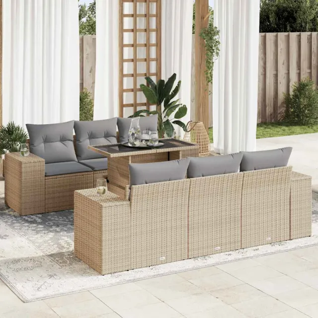 vidaXL 7-delige Loungeset met kussens poly rattan beige, foto 2