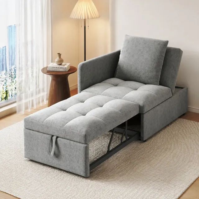 MEUNIQ slaapbank 3-in-1 177 x 68 x 65 cm met 5-voudig verstelbare rugleuning, linnen bekleding en kussen, uitklapbare bedbank voor logeerkamer, thuiskantoor en kleine ruimte, grijs