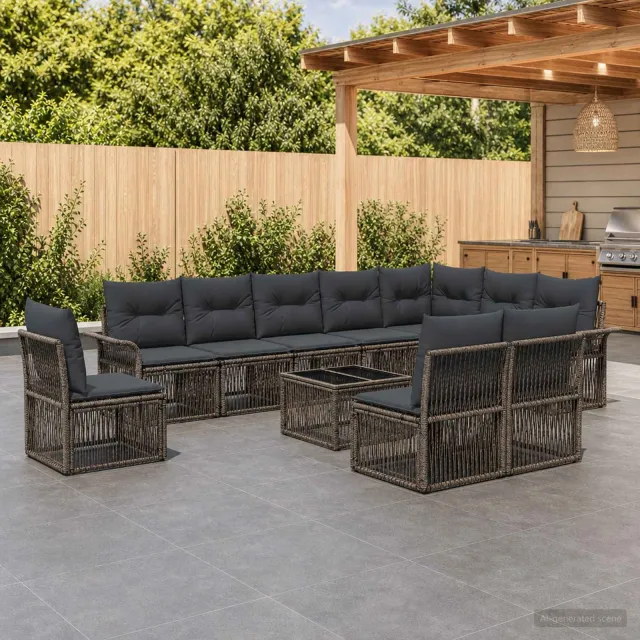 vidaXL Tuinbankenset 11 st 10-zits Grijs poly rattan, foto 2