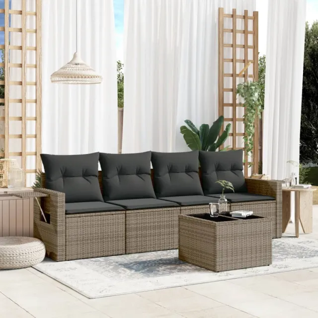 vidaXL 5-delige Loungeset met kussens poly rattan lichtgrijs grijs, foto 2