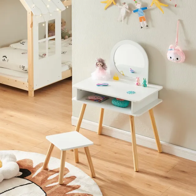 en.casa Kaptafel Ovanåker met krukje en spiegel voor kinderen naturel en wit [en.casa]