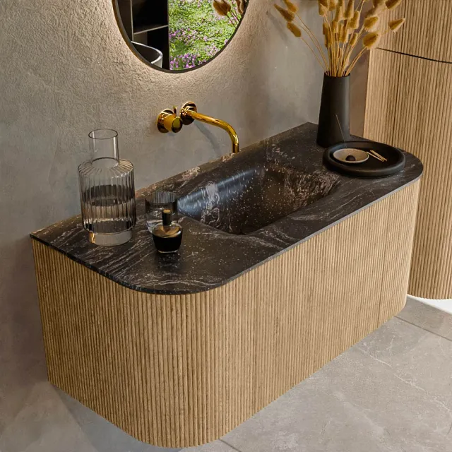 Mondiaz KURVE-DLUX 100 cm Onderkast Greeploos 1 Lade Met Deuren Oak, Wastafel Solid Surface MIdden Lava 0 Kraangaten Zonder Spiegel (KRVGRU100L+R1L2D0KM-Oak/Lav)