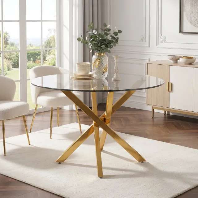 Wishdor Ronde eettafel - Gehard glas - Gouden metalen x-poot - Modern minimalistisch - Eetkamer keuken woonkamer - Glas goud - Ø 80 x 75 cm Gold