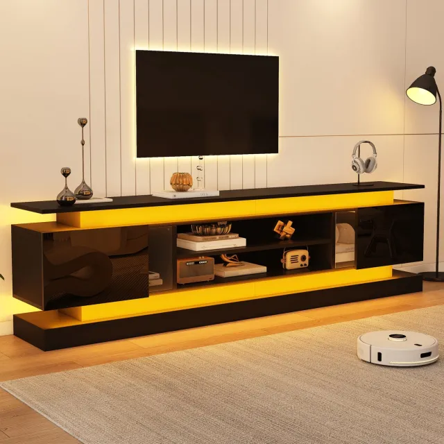 DESMIU Tv-Meubel - Hoogglans met Ledverlichting en Twee Deuren - Voor Woonkamer en Tv's tot 75 Inch - MDF en Spaanplaat - 180x35x60 Cm - Zwart