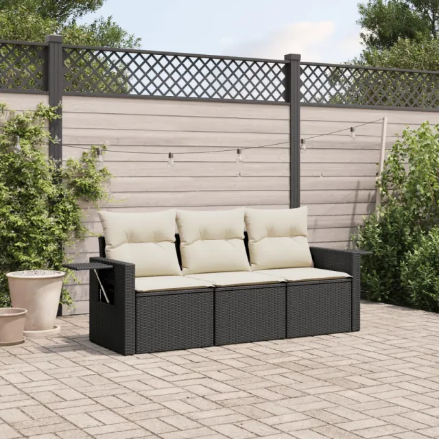 vidaXL 3-delige Loungeset met kussens poly rattan zwart, foto 2