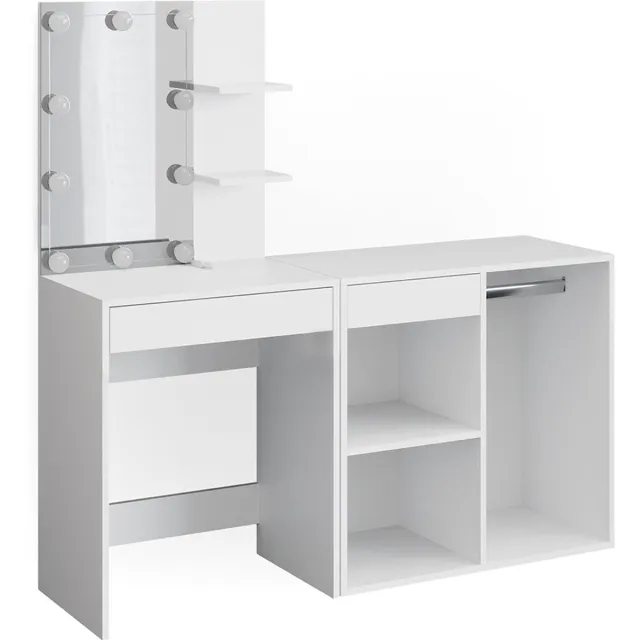 Vicco Kaptafel met licht Isabelle, Wit, 140 cm met spiegel, LED-lichtslinger en aanbouwkast