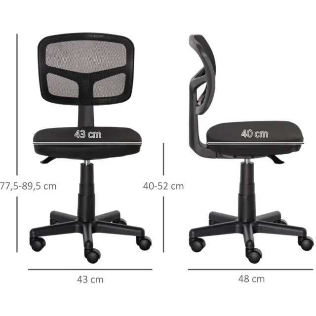 MEUNIQ bureaustoel zonder armleuningen met mesh rugleuning, verstelbare zithoogte 40-52 cm, draaistoel met wielen voor bureau of thuiskantoor, zwart
