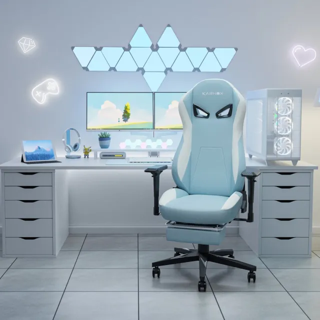 DESMIU Gamingstoel 60 X 53 X 132 Cm - Ergonomisch Met Voetensteun Hoofdsteun Lendensteun En 4D Armleuningen - Voor Kantoor En Gamen - Stof Lichtblauw Light Blue