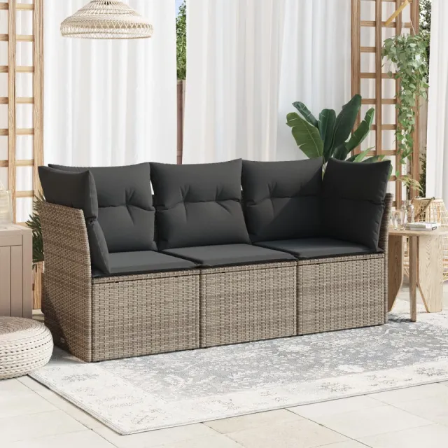 vidaXL 3-delige Loungeset met kussens poly rattan grijs, foto 2