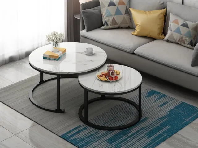 Swiss Homess Swiss Homes | Salontafel Set van 2 - Marmer Look - Ø80 / Ø 80 / Ø 45 cm - Wit - Bijzettafel - Tafel Rond - Woonkamer Tafel - Decoratie Tafel - Salon Tafel - Wandtafel - Koffietafel - Zwart Metalen Frame | Wit - MDF