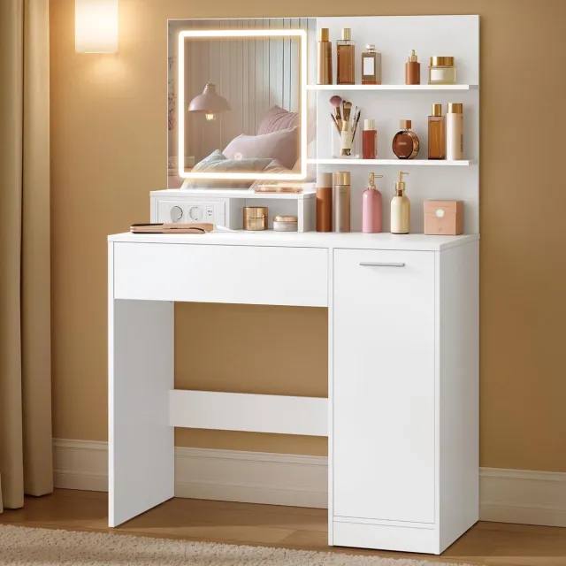 Conway Living Kaptafel - Make Up Tafel met Spiegel - LED Lampen - Met Stopcontacten & USB A & USB C - 5 Planken - 3 Lichtkleuren - 140x80x40 cm - Slaapkamer Kleedkamer - Wit
