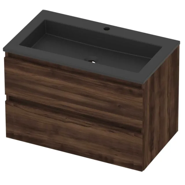 Basic-Line Aura 46 Badmeubelset Acryl 1 Kraangat Greeploos 80x46x54 cm Barista Oak Mat Zwart