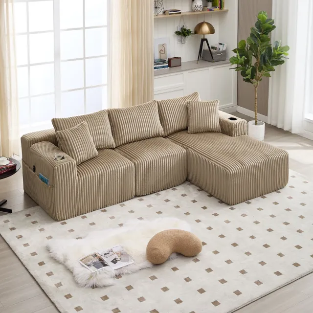 DESMIU Bank Set 257 Cm - Modulaire Hoekbank Met Chaiselongue En 2-Zits, 5 Kussens, Zijvakken En Bekerhouders - Voor Woonkamer - Ribstof Khaki