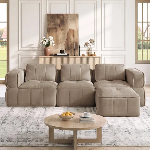 Vovtenza 3-zits L-vormige framevrije modulaire bank met 1 voetenbank - frameloos ontwerp - 32D schuim met hoge dichtheid - diep zitkussen - comfortabele stof - ideaal voor de woonkamer - zand bruin-1 poef
