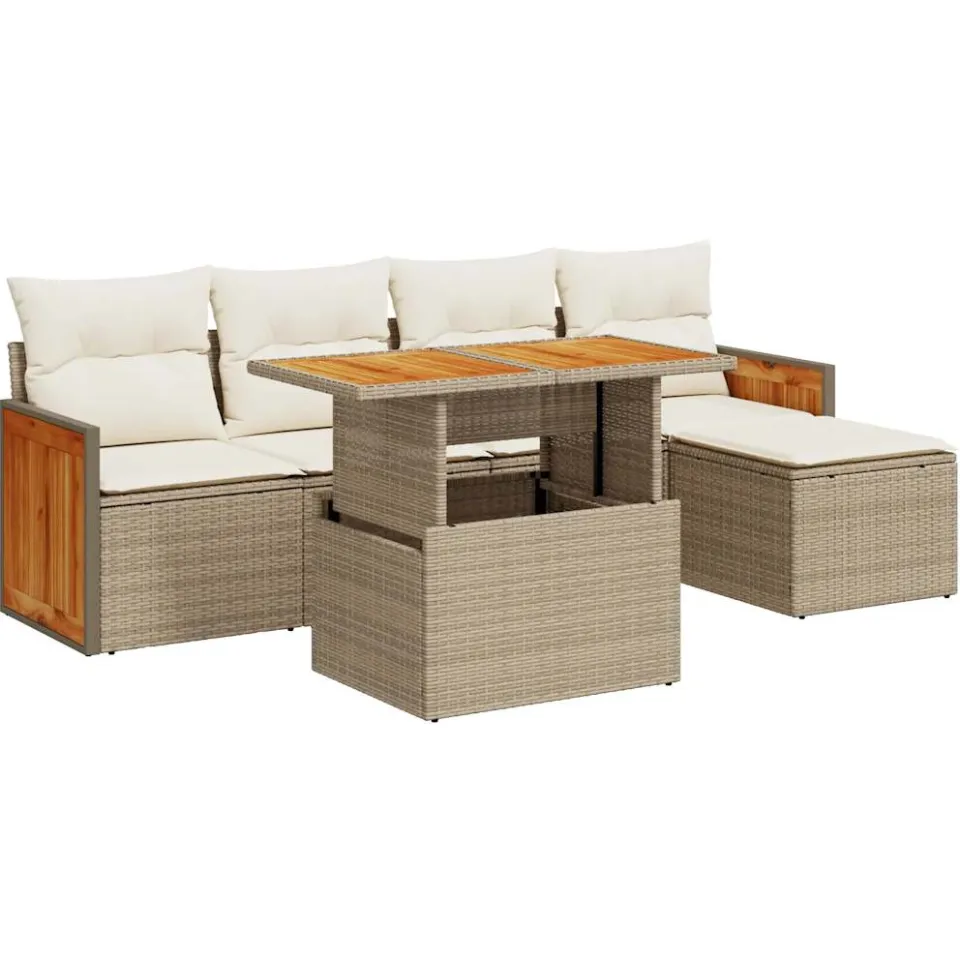 vidaXL 6-delige Loungeset met kussens poly rattan acacia beige, foto 3