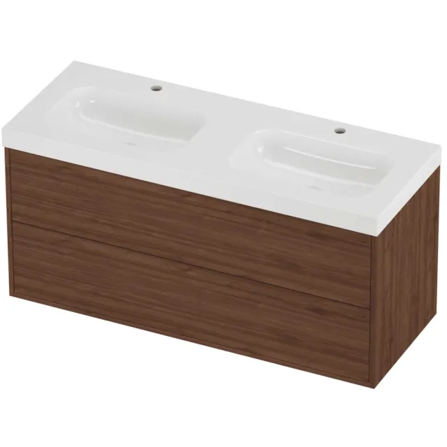 Proline Haga Badmeubelset Polystone Mezza Symmetrisch 120x46x58 cm Glans Wit Indian Walnut Houtlook