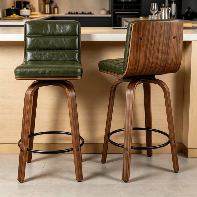 REDOM Barkruk - 360° draaibaar - Ergonomische rugleuning - Voetenring - Retrostijl - Keuken en bar - Kunstleer en hout - Groen - 40 x 48 x 90 cm