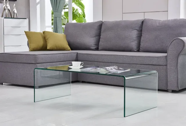Wishdor Salontafel van gebogen gehard glas - Rechthoekig tafelblad - Waterbestendig en makkelijk schoon te maken - Voor woonkamer kantoor en restaurant - Transparant - 100 x 50 x 35 cm