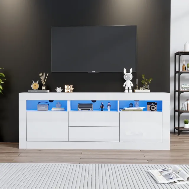 Merax 160x35x60cm hoogglans TV-meubel - met LED-verlichting - drie open schappen - twee deuren - twee lades - slimme applicatiebediening - wit