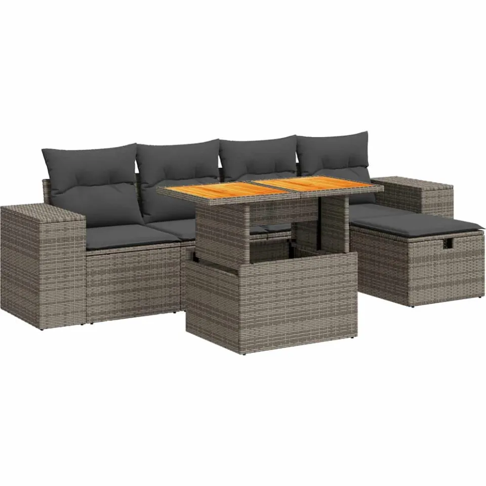 vidaXL 6-delige Loungeset met kussens poly rattan acacia grijs, foto 3