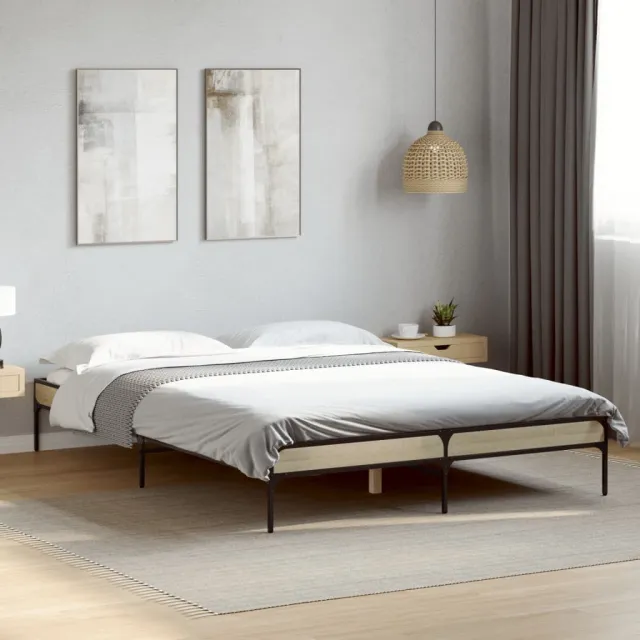 vidaXL Bedframe bewerkt hout metaal sonoma eikenkleurig 150x200 cm Bruin