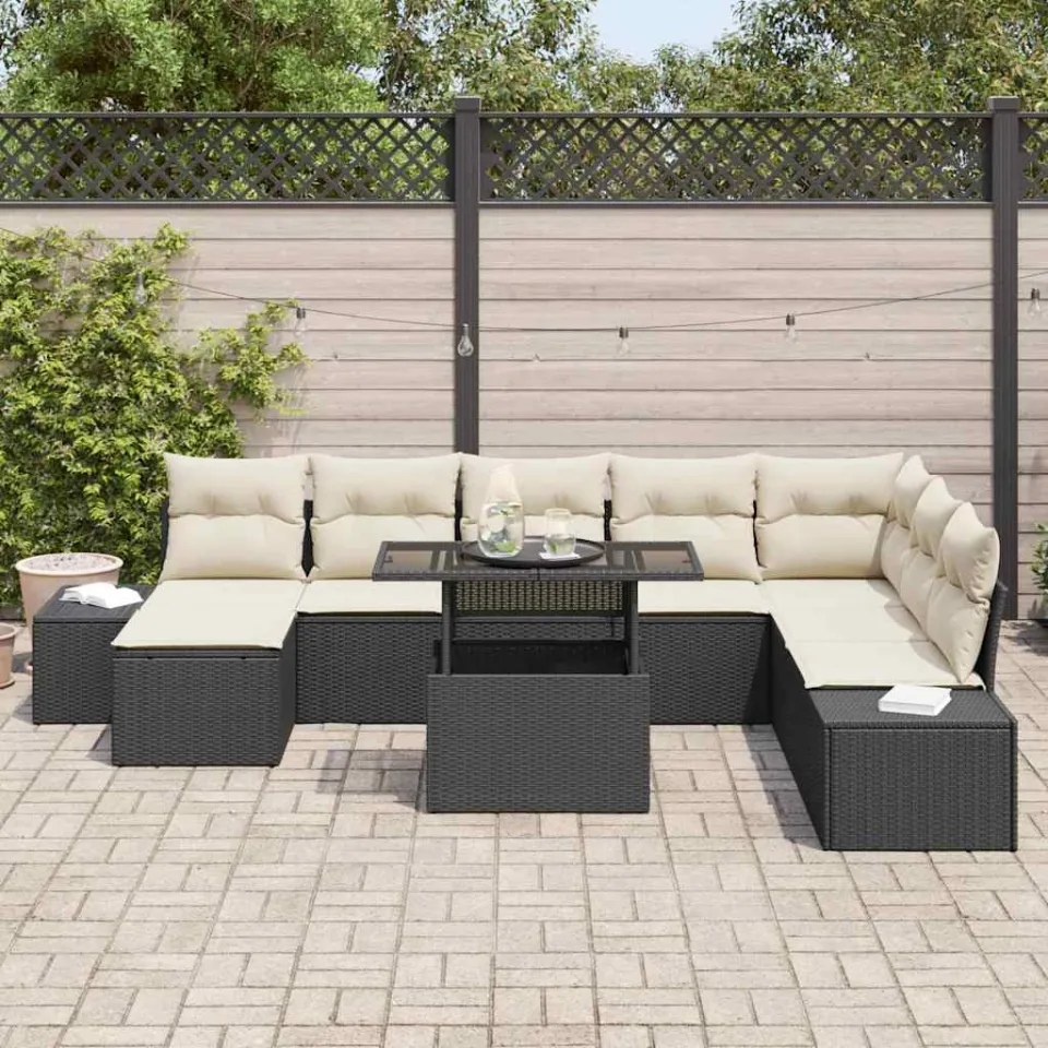 vidaXL Tuin Sofa Set 9 st Zwart en Crème poly rattan, foto 2