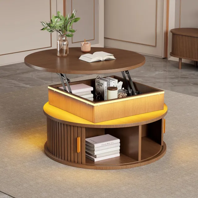 STILVORA Salontafel - In Hoogte Verstelbaar Met Ledverlichting En Rolluikdeuren - Voor Woonkamer - MDF Walnoot - 75x75x52 Cm Notenhout