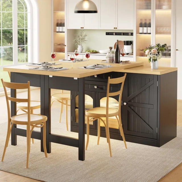HAUSS SPOLE Eettafel - Uitschuifbaar Met 360 Graden Draaibaar Blad En Opbergruimte - Voor Keuken En Eethoek - MDF En Metaal - 194x40x73,5 Cm - Zwart
