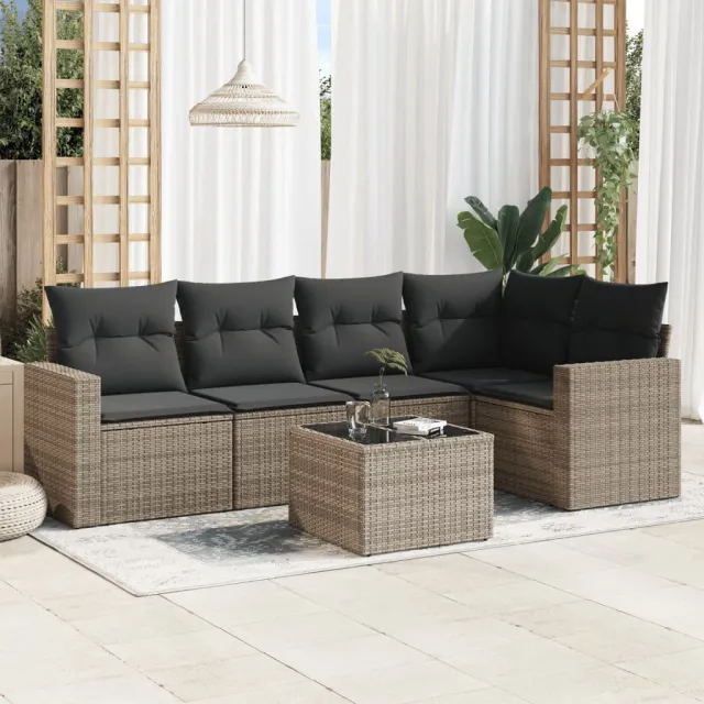 vidaXL 6-delige Loungeset met kussens poly rattan grijs, foto 2