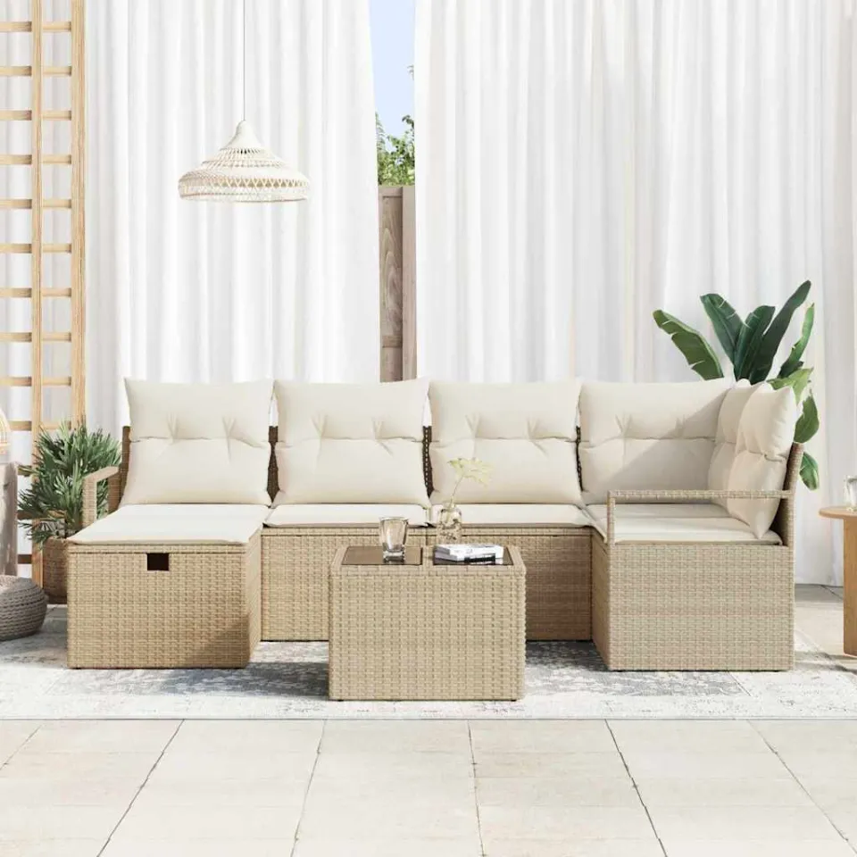 vidaXL Tuin Sofa Set met kussen met opslag 7 pcs Beige Poly riet, foto 3