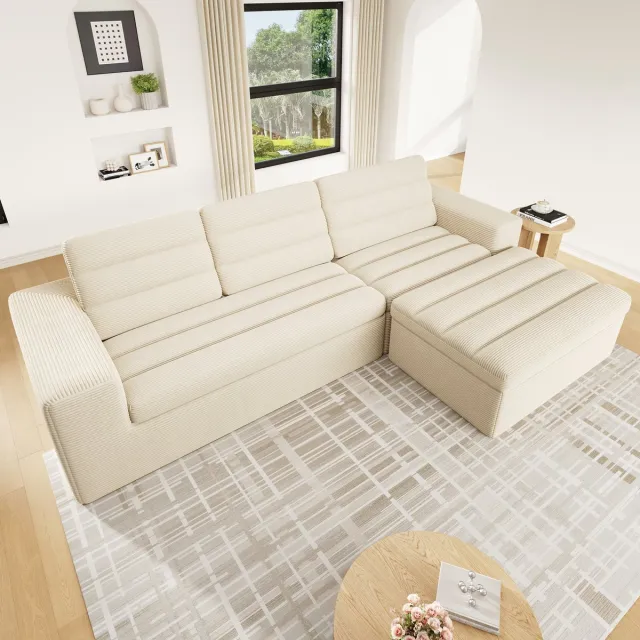 Zubaliya Moderne Hoekbank, L-Bank, 3-Zitsbank, Modulaire L-Vormige Hoekbank, Frameloos Ontwerp, Wolkbank, Vrij Combineerbaar, Ideaal Voor Woonkamers En Appartementen, Geen Montage Nodig, Chenillestof-Beige