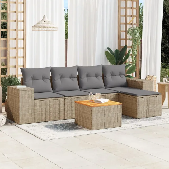 vidaXL 6-delige Loungeset met kussens poly rattan beige, foto 2