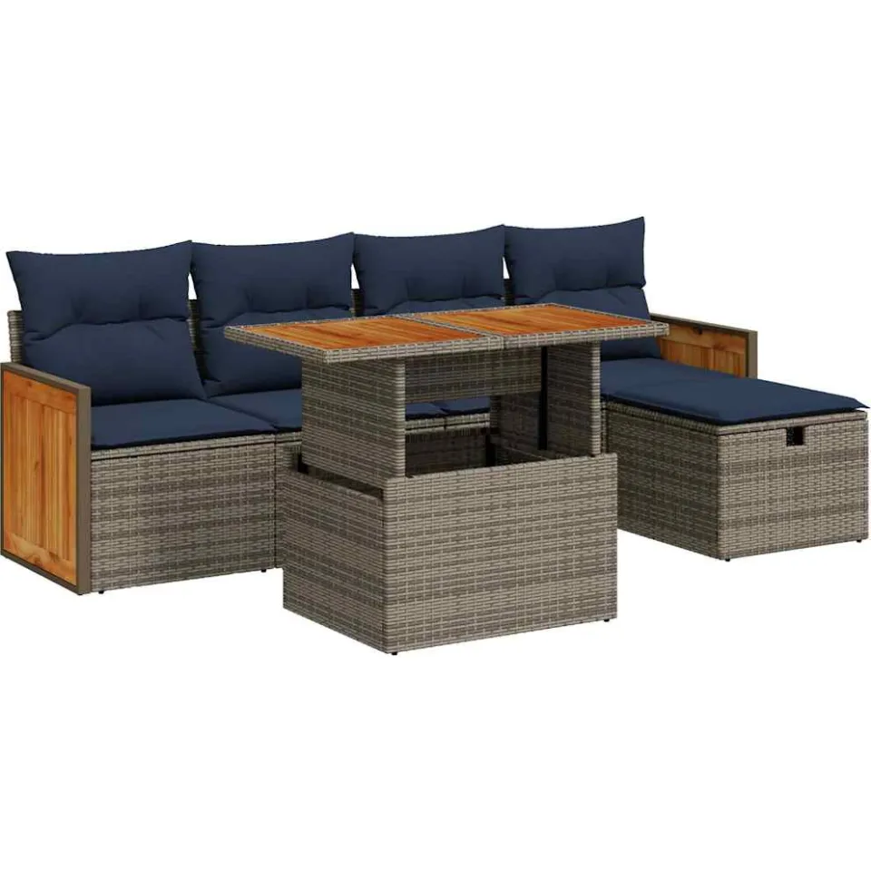 vidaXL 6-delige Loungeset met kussens poly rattan acacia grijs, foto 3
