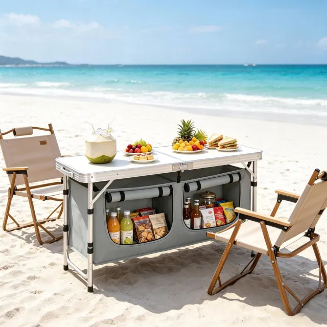 MIVRAY Picknicktafel - Inklapbaar Met Verstelbare Hoogte En Opbergtas - Voor Camping Tuin En Strand - Aluminium En MDF - Grijs Wit
