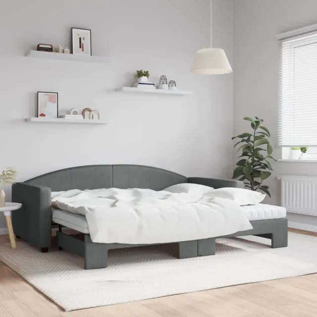 vidaXL Slaapbank onderschuifbed matrassen 90x200 cm stof donkergrijs grijs