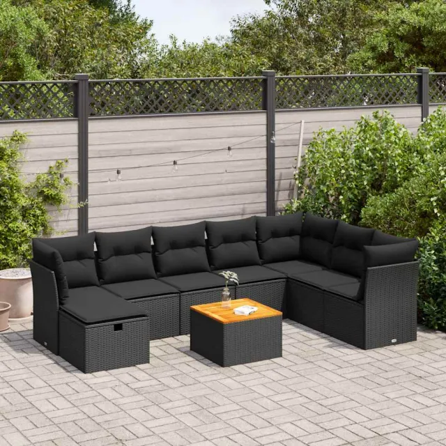 vidaXL 9-delige Loungeset met kussens poly rattan zwart, foto 2