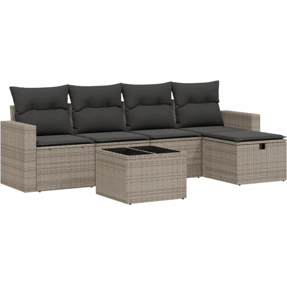 vidaXL 6-delige Loungeset met kussens poly rattan grijs, foto 4