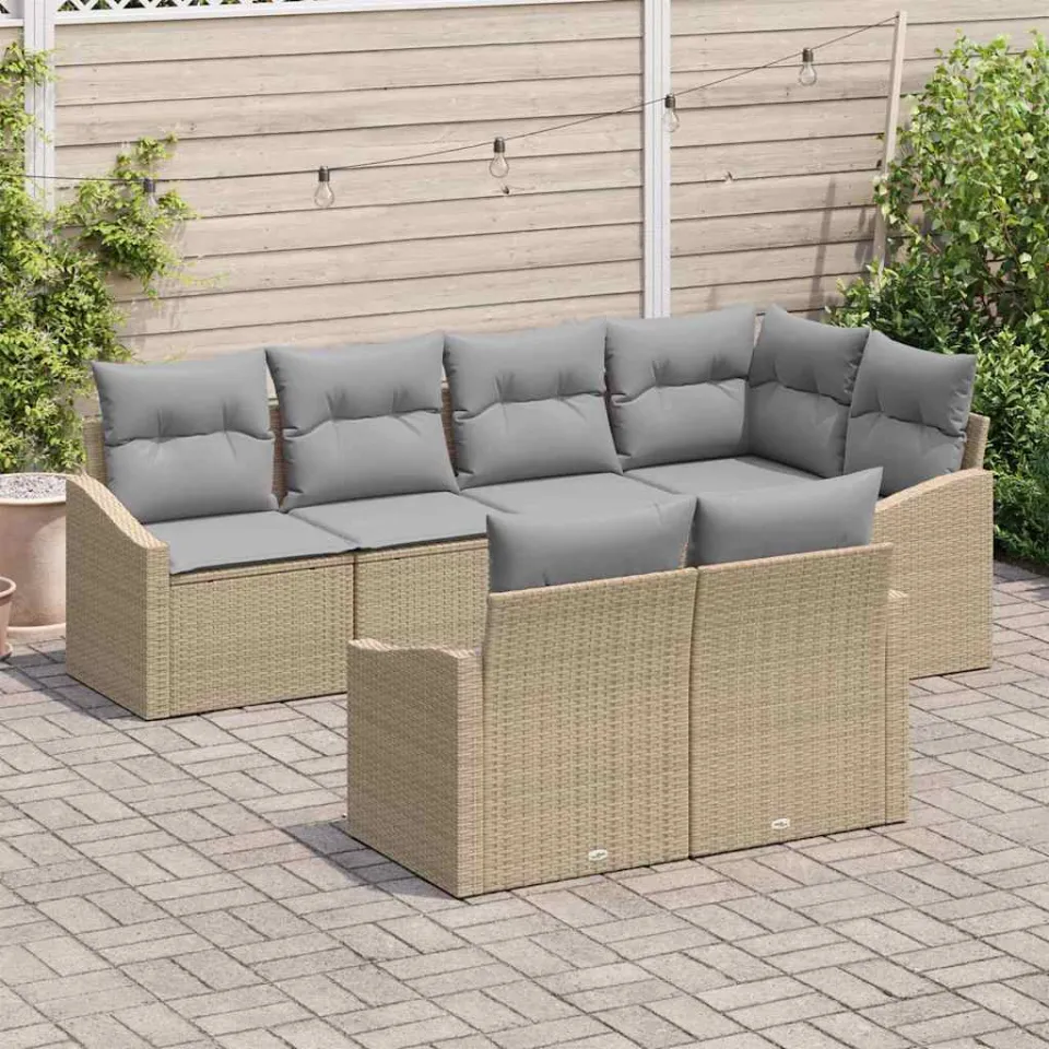 vidaXL Tuinbankenset 7 st Beige en Licht Grijs poly rattan, foto 3