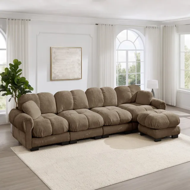 REDOM Hoekbank - 4-zits L-vormig - Modulair met mobiele ottomane - Gestikt patroon - Woonkamerbank - Chenille - Bruin - 330 x 149 x 90 cm