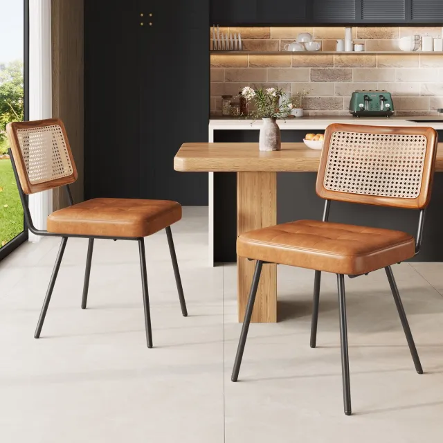 MODFU Eetkamerstoel - Ergonomisch - Retro - Voor Eetkamer - Metaal En Kunstleer - Bruin - 61 x 46 x 79 cm