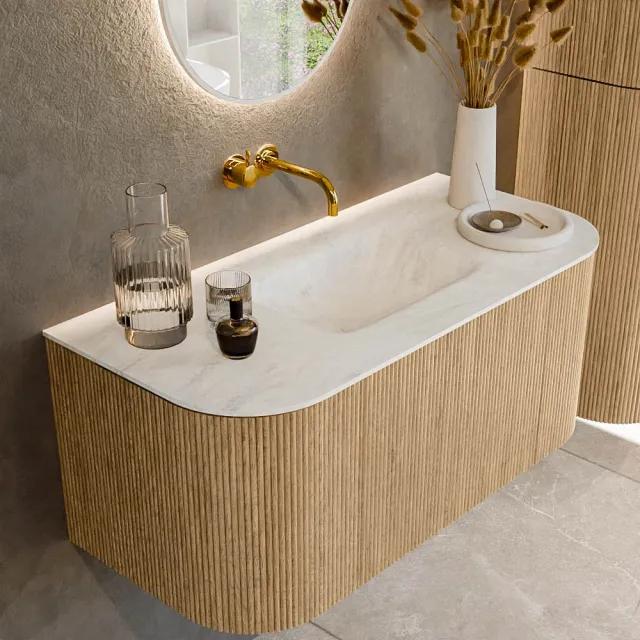 Mondiaz KURVE-DLUX 100 cm Onderkast Greeploos 1 Lade Met Deuren Oak, Wastafel Solid Surface MIdden Opalo 0 Kraangaten Zonder Spiegel (KRVGRU100L+R1L2D0KM-Oak/Opa)