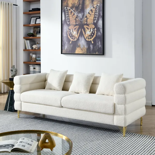 MODENUIT Zitbank 205,7 x 81 x 71 cm - 3 Zitplaatsen Met Kussens - Woonkamer - Teddy En Metaal - Wit