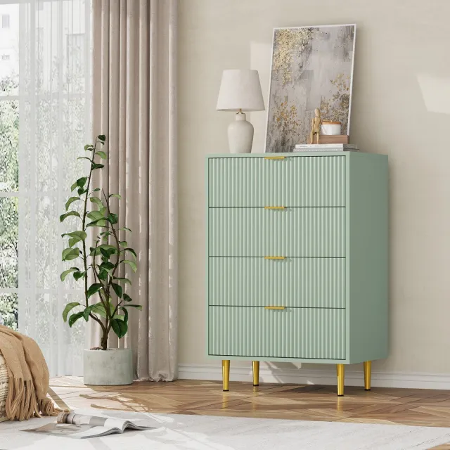 Triumpunpre Smalle ladenkast met 4 laden, 60×40×94 cm – geribbeld golvend front, goudkleurige metalen handgrepen en poten, inclusief kantelbeveiliging, geschikt voor slaapkamer, woonkamer en gang Olijfgroen