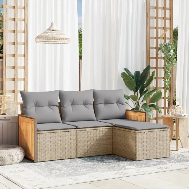 vidaXL 4-delige Loungeset met kussens poly rattan beige, foto 2